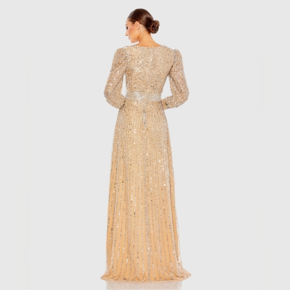 Mac DuggalSequined Wrap Over Bishop Sleeve Gown - Picture 3 of 8